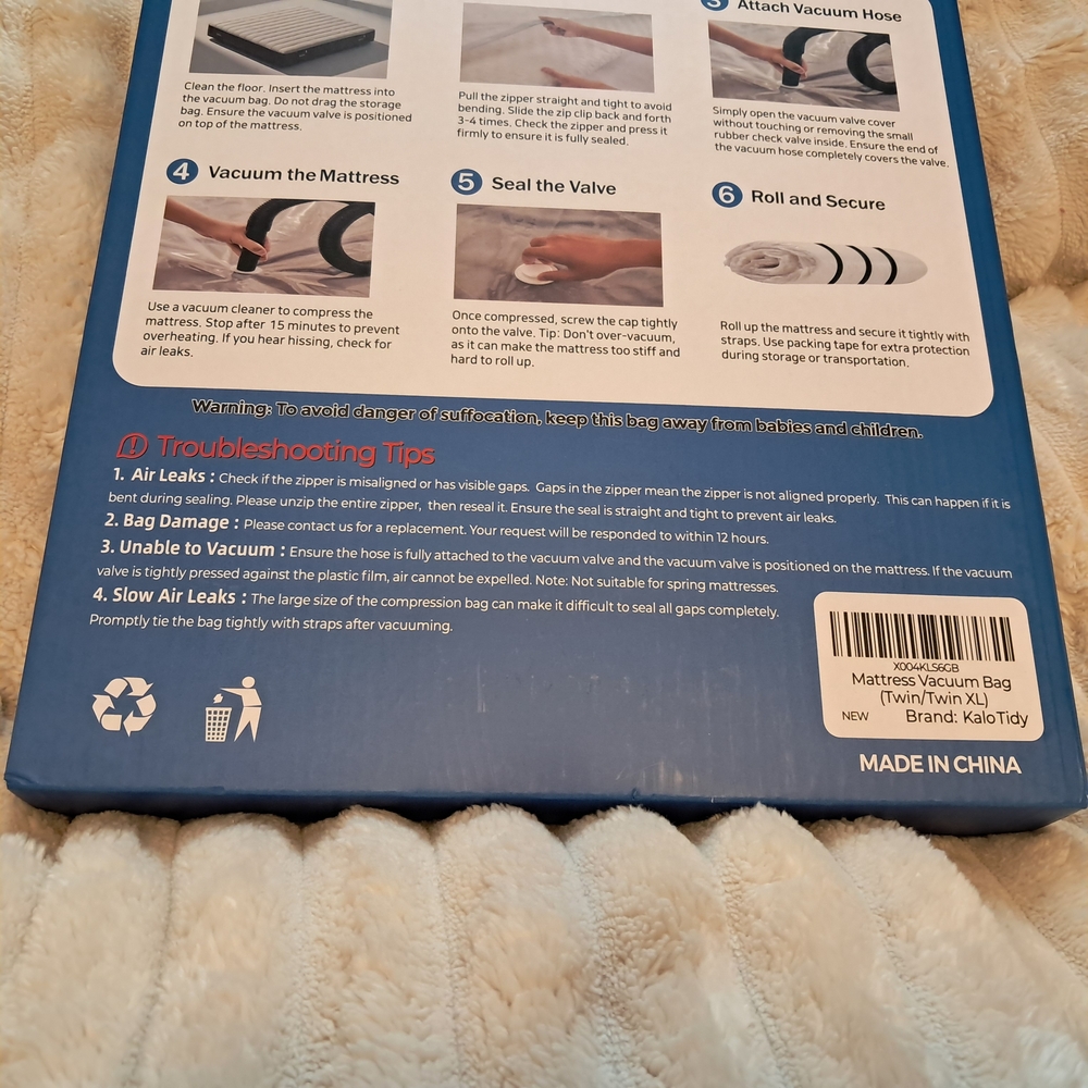 Twin / XL Mattress Vacuum Storage Bag | White 5 mil w Straps + Dbl Zipper - Picture 11 of 12